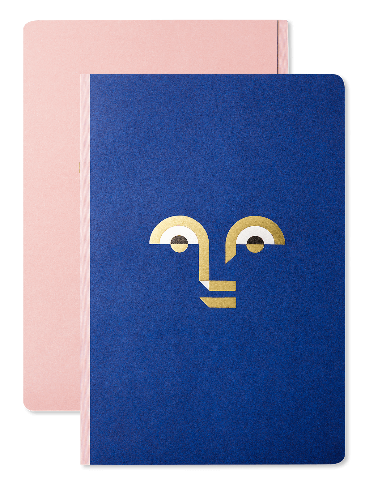 A luxurious Octaevo Apollo Notes A5 notebook with a gold geometric face overlaps a plain pink notebook behind it.