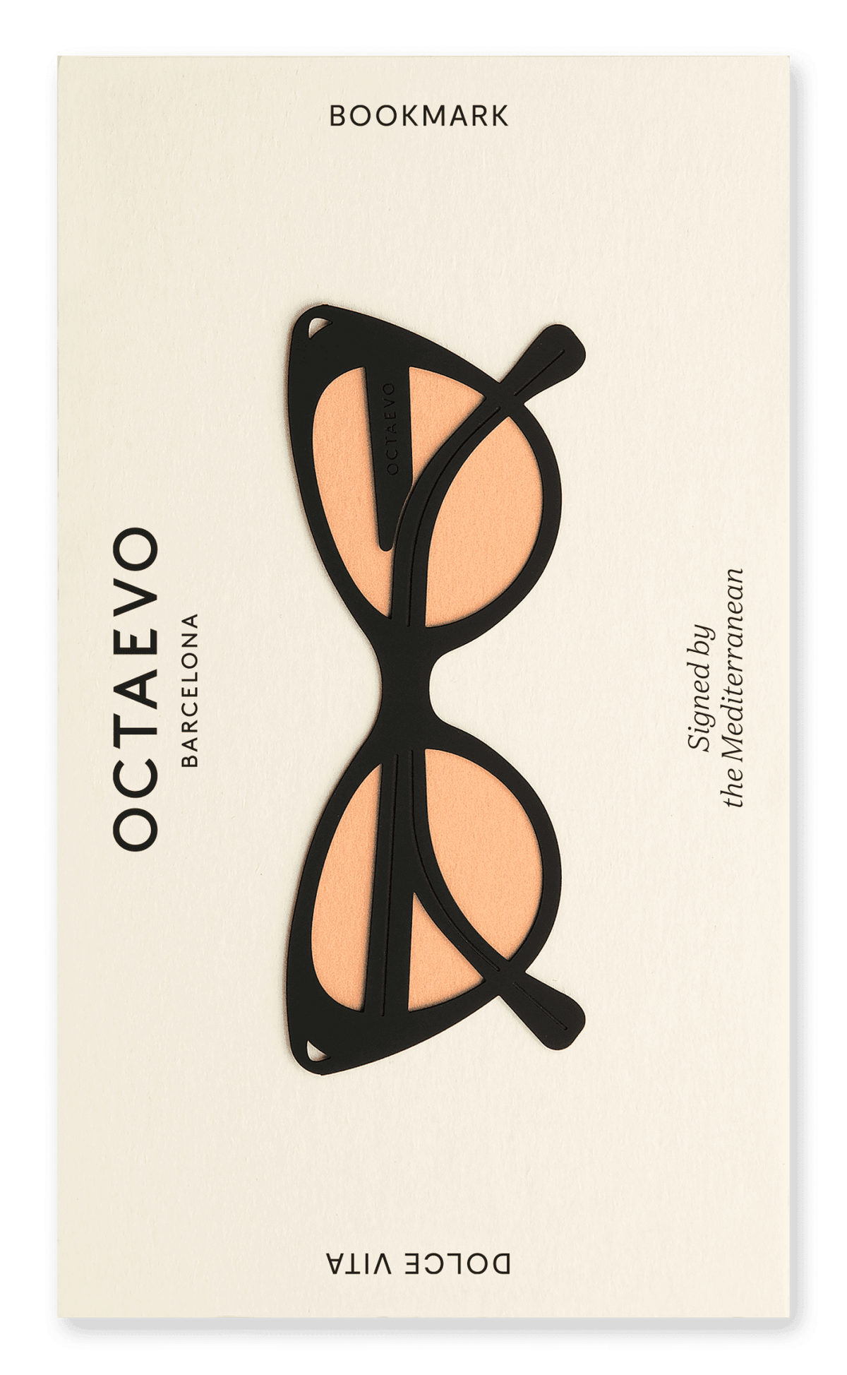 A black Dolce Vita bookmark by OCTAEVO on cream card, inspired by the Mediterranean Riviera.