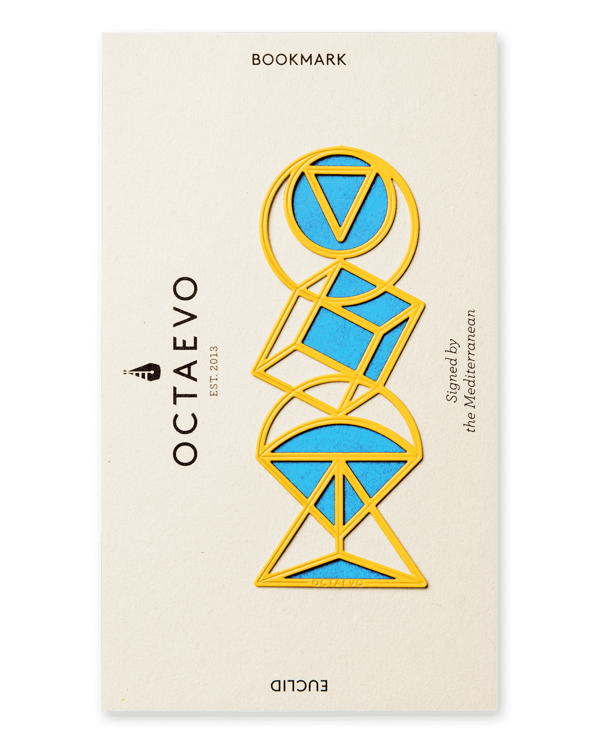 OCTAEVO Bookmark Euclid is a geometric yellow brass bookmark, presented on an OCTAEVO-labeled card.