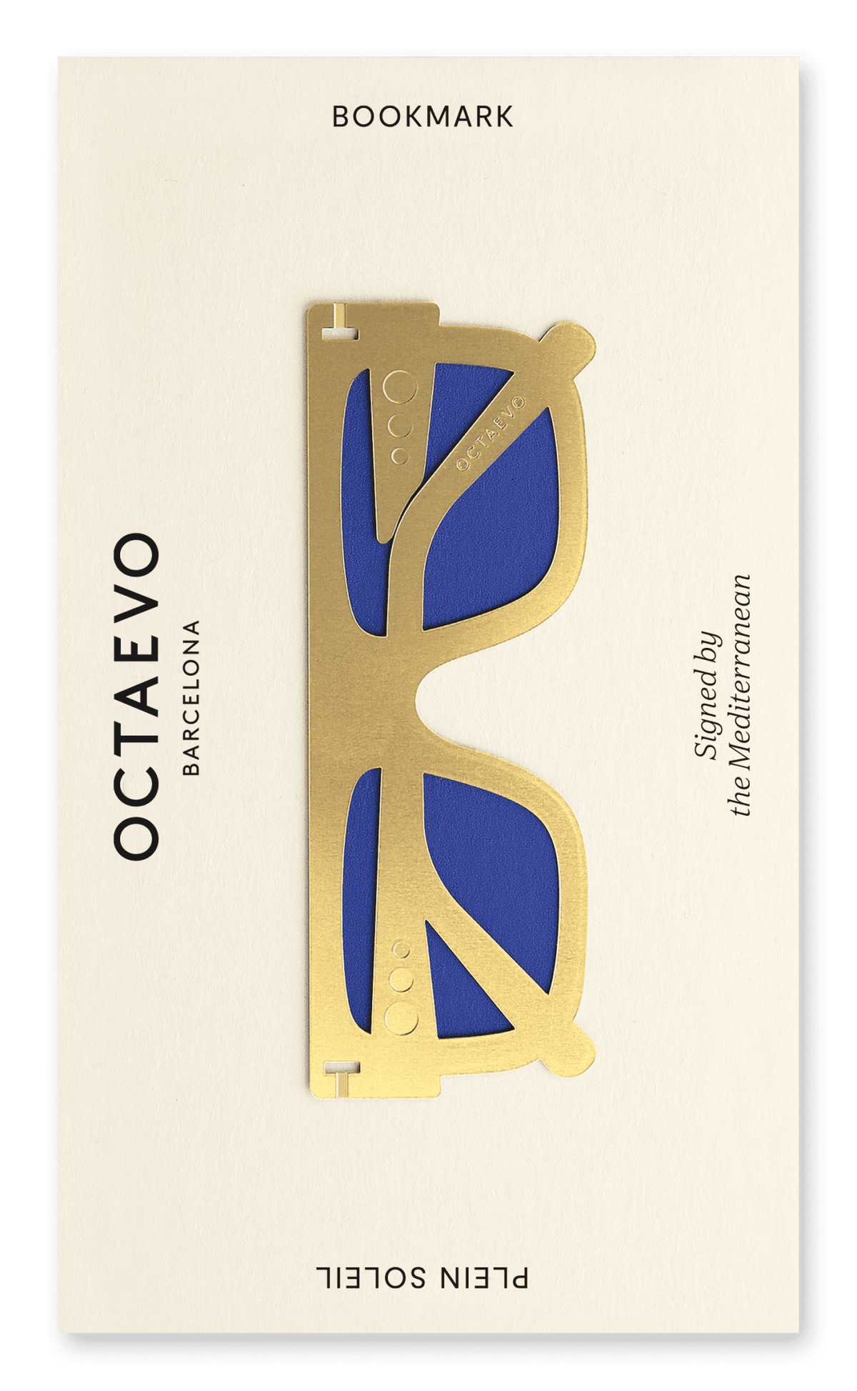 Gold brass Bookmark Plein Soleil by OCTAEVO, shaped like sunglasses and inspired by the Mediterranean Riviera.