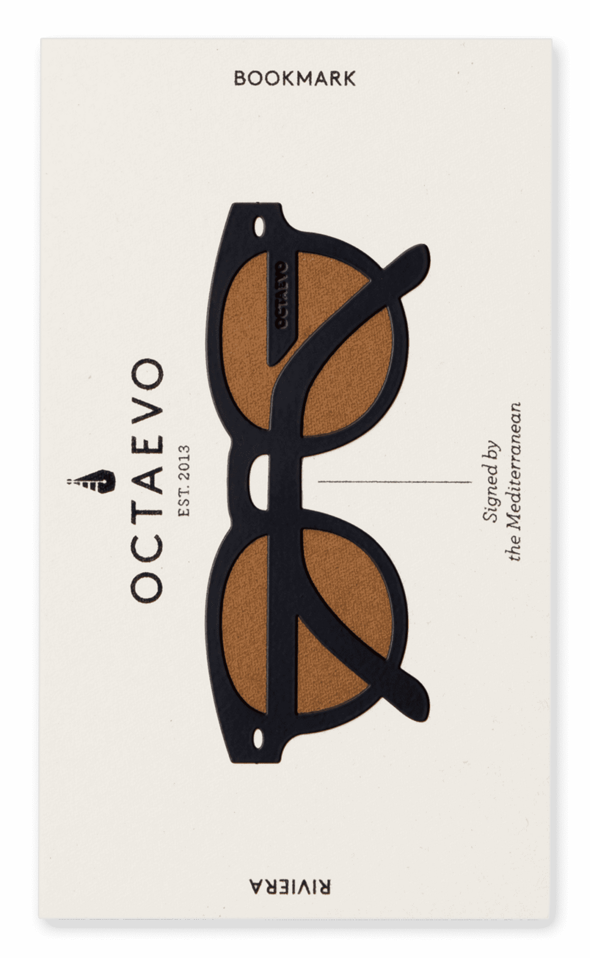OCTAEVOs Bookmark Riviera: a black bookmark shaped like stylish sunglasses with brown lenses.