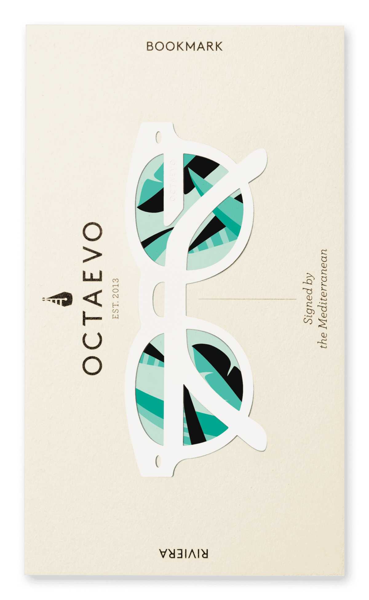 OCTAEVOs Bookmark Riviera features a stylish sunglasses design in white and green Mediterranean patterns.
