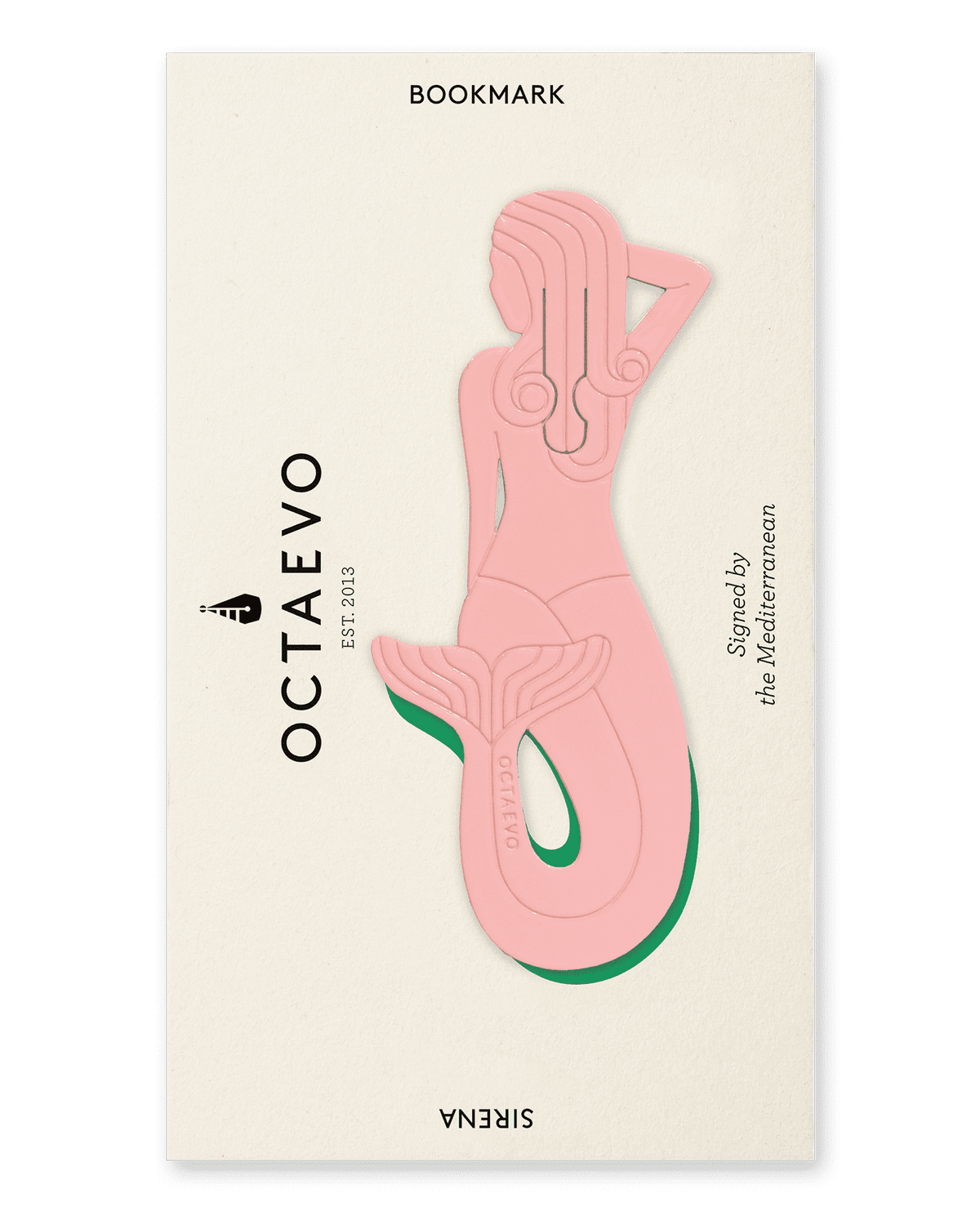 OCTAEVO Bookmark Sirena: a charming pink mermaid brass bookmark on cream packaging, inspired by the Mediterranean.