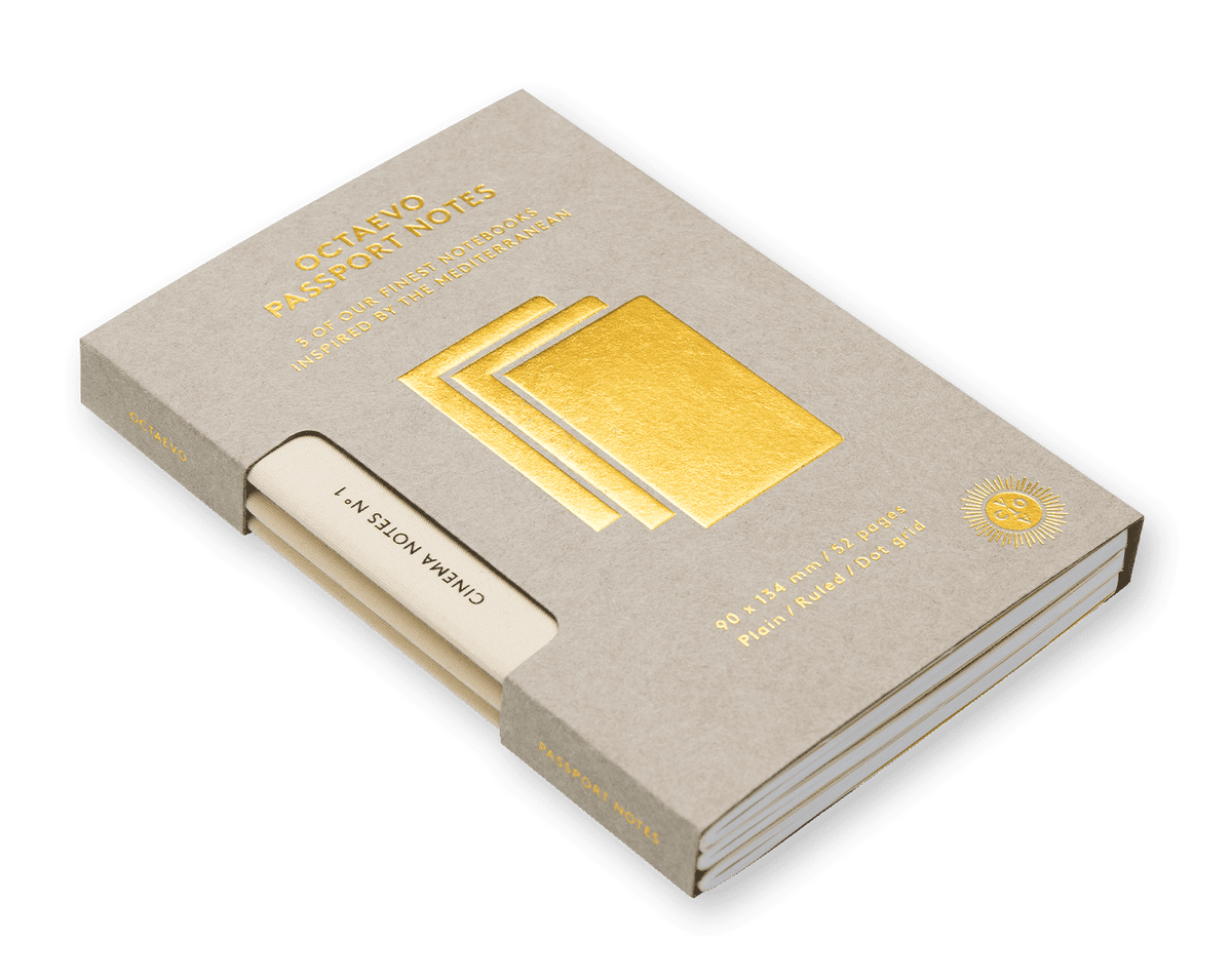 OCTAEVO Cinema Passport Notes Box of 3: Mediterranean-style notebooks in beige with gold accents and text.