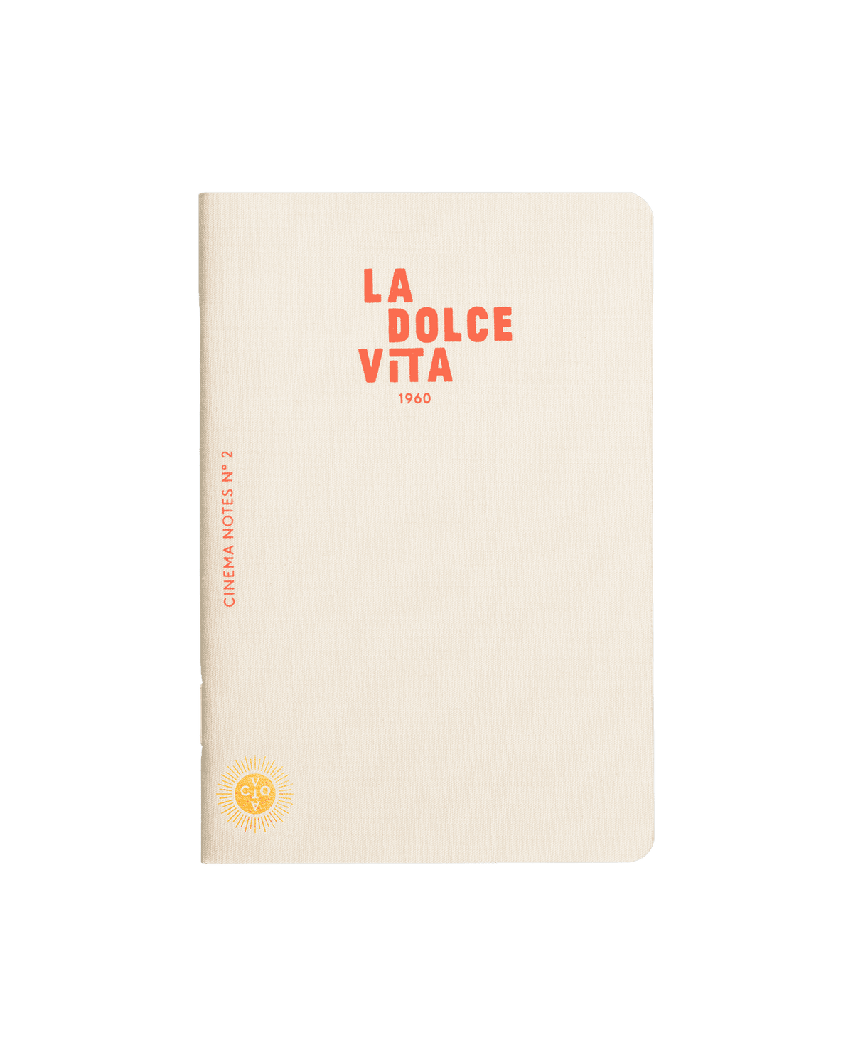 OCTAEVO Cinema Passport Notes Box of 3: Beige linen notebooks with “LA DOLCE VITA 1960” and a yellow emblem on cover.