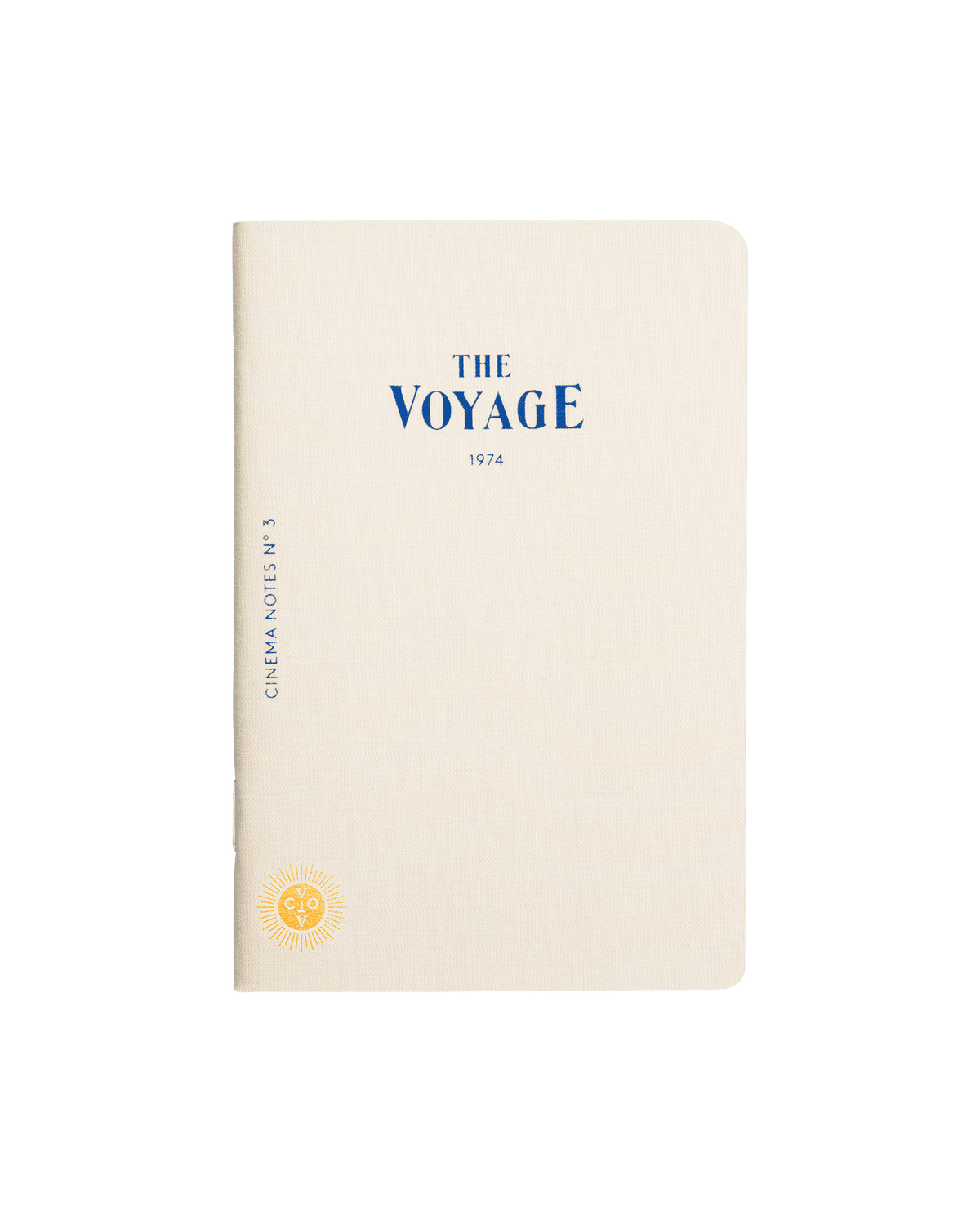 Linen Cinema Passport Notes 'The Voyage' notebook, inspired by Sicilian drama, with gold detail.