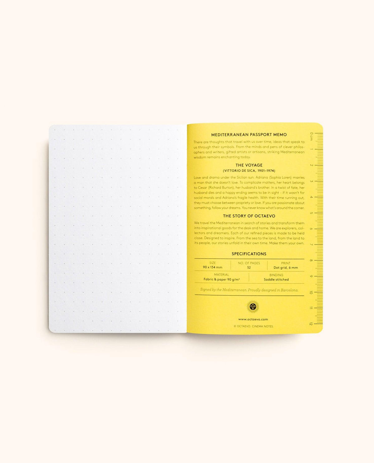 An open OCTAEVO Cinema Passport Notes with a dotted left page and yellow right, featuring Mediterranean wisdom.