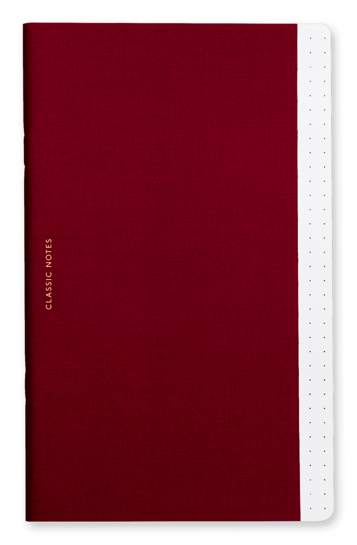 OCTAEVO notebook in red cotton, screen printed, with a dotted margin and gold “CLASSIC NOTES” cover.