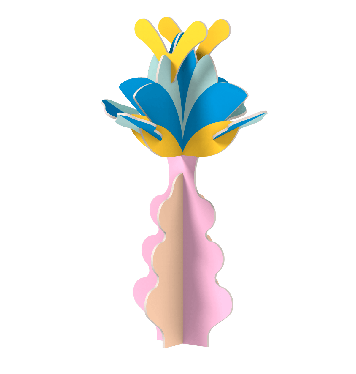 Octaevo’s Flower Paper Sculpture 2 features blue, yellow, and pink petals in a vibrant abstract design.