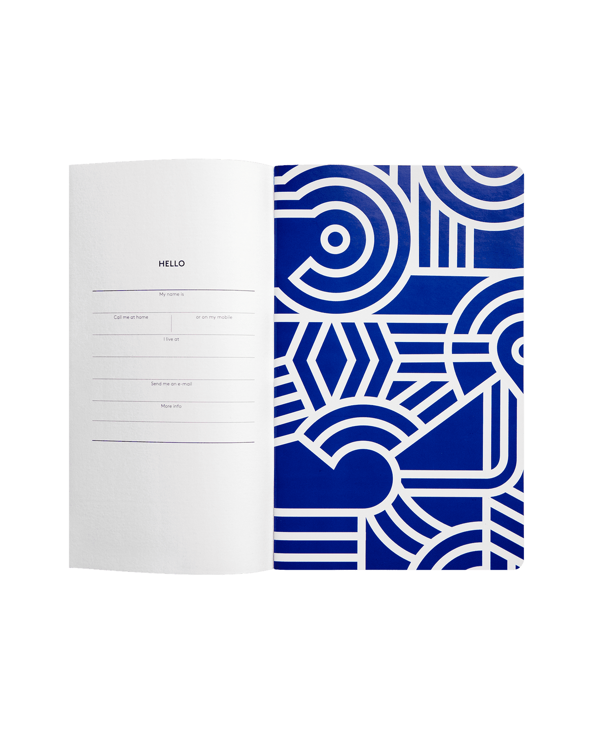 OCTAEVO Greco Creative Notes: Open luxury notebook with blue/white geometric cover and HELLO notes form on left page.