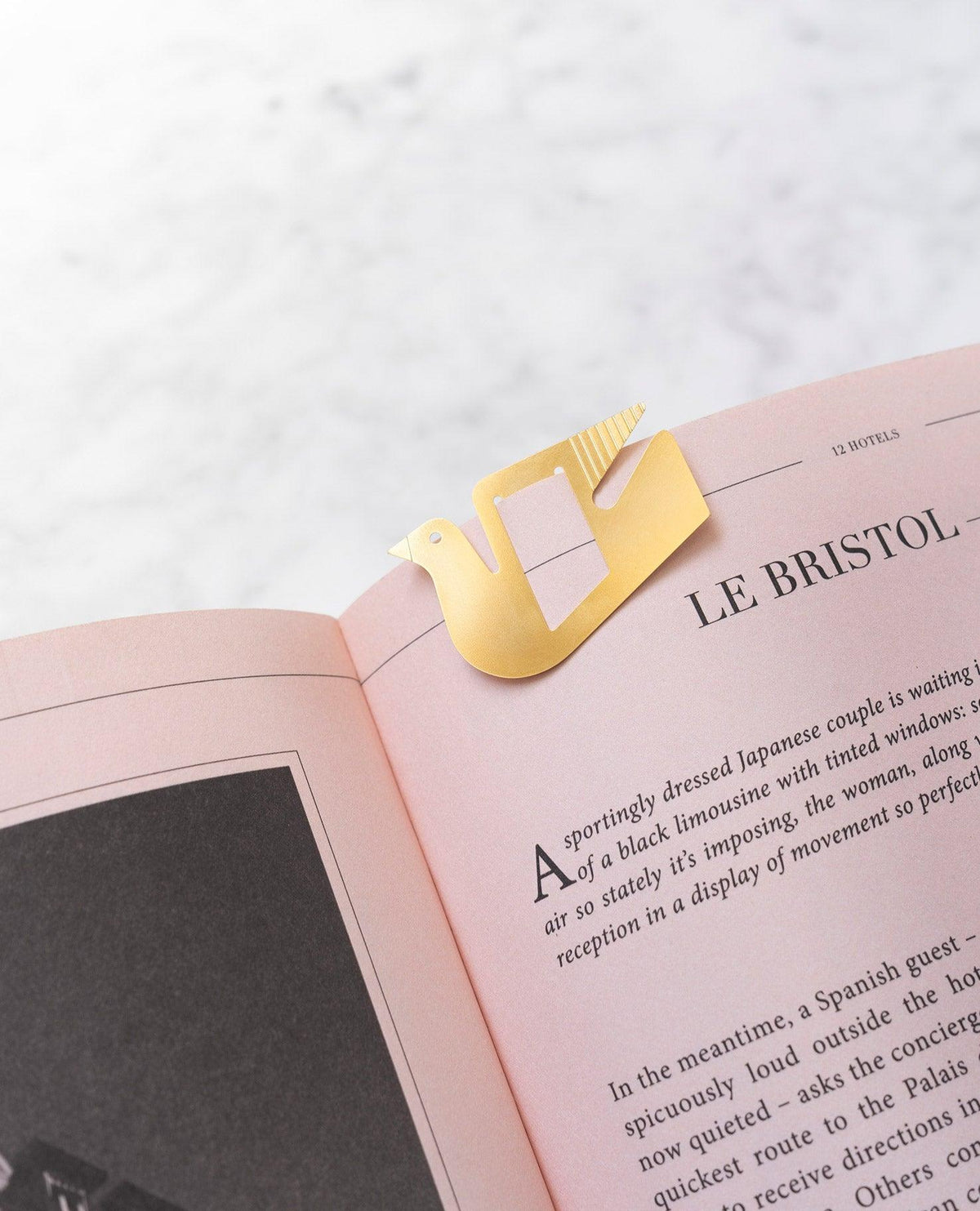 OCTAEVO Dove Greeting Card displayed open on pink pages, clipped and resting atop a marble surface.