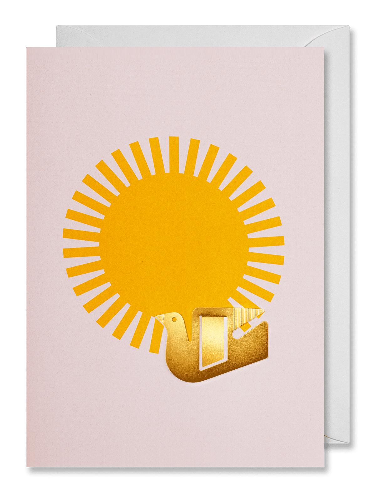 Greeting Card Bird by OCTAEVO features a gold dove and yellow sun on a light pink background.