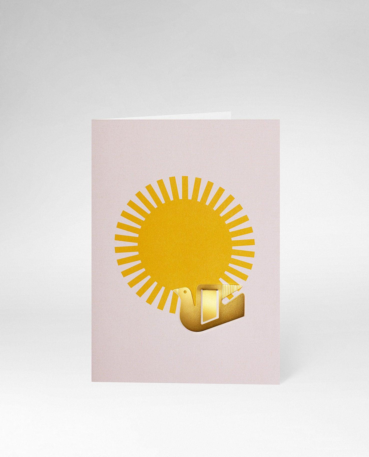 OCTAEVO Greeting Card Bird: a yellow sunburst and golden dove design, ideal for stationery card enthusiasts.