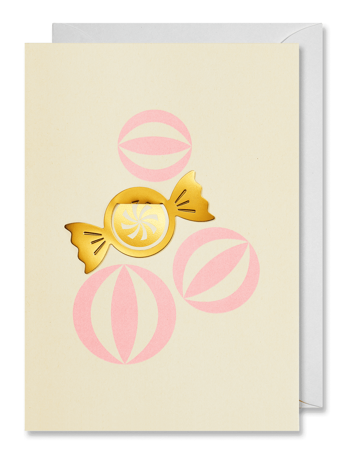 OCTAEVO Greeting Card with gold metal candy clip and pink circles on white background. 