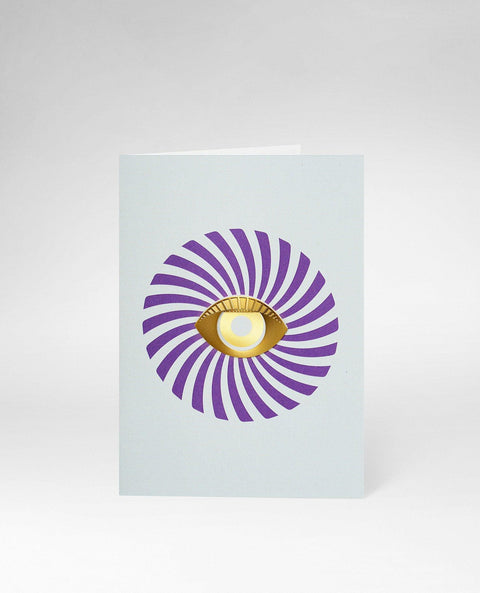 OCTAEVO Eye Greeting Card: paper card with gold-foil eye, purple spiral, and metal clip for a unique bookmark.