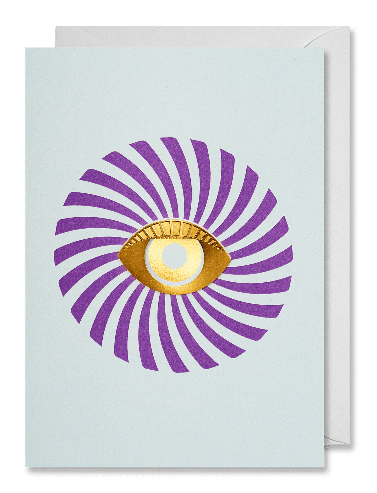 OCTAEVO Greeting Card Eye: unique card with a brass metal eye and purple spirals on a white background.