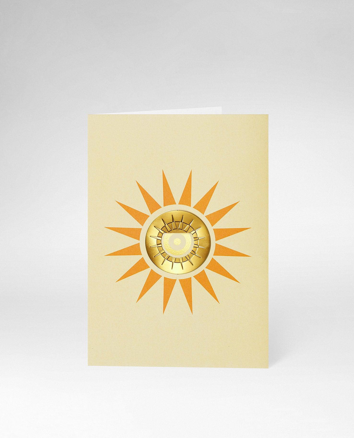 The yellow OCTAEVO Greeting Card Sun features a gold metal clip on orange sunrays illustration.