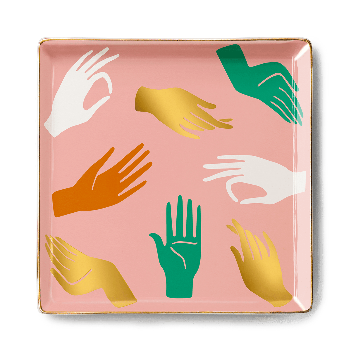 OCTAEVO Hamsa Ceramic Tray: square pink ceramic catchall with gold, white, green & orange Hamsa hand designs.