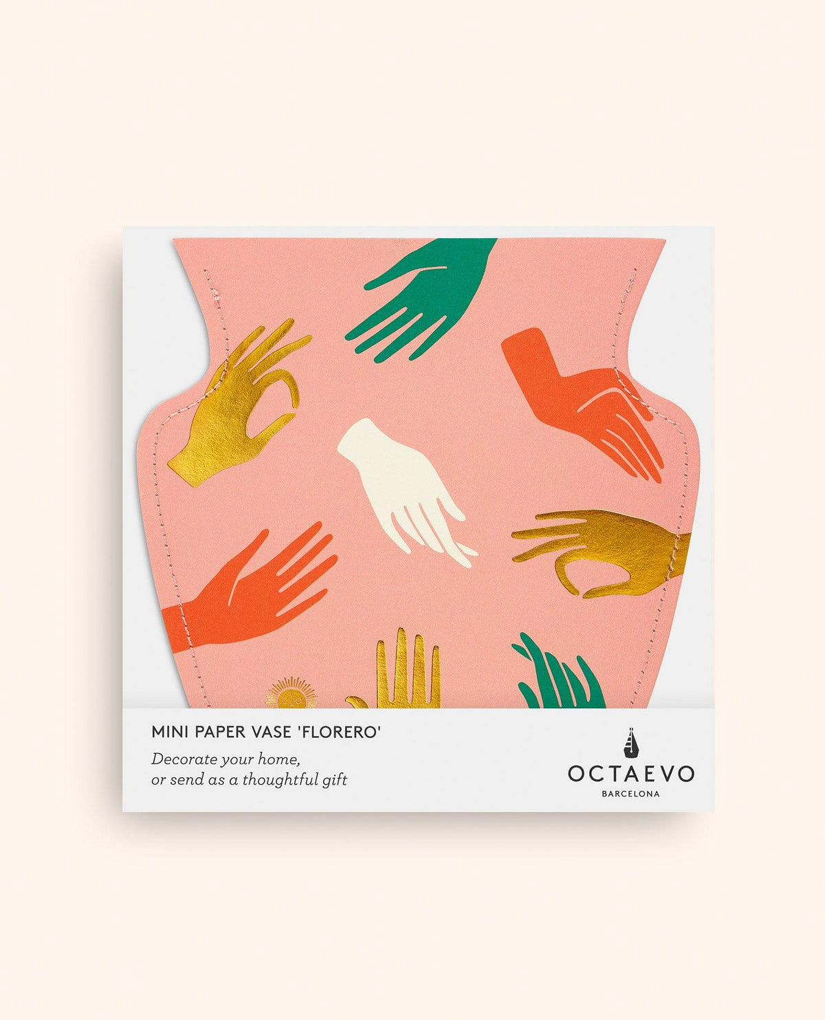 The Hamsa Mini Paper Vase by OCTAEVO is a pink, waterproof paper vase with colorful hands, gift packaged.