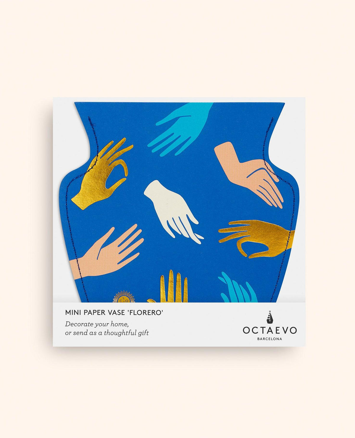Hamsa Mini Paper Vase by OCTAEVO, blue Mediterranean waterproof vase with hand design in a white sleeve.