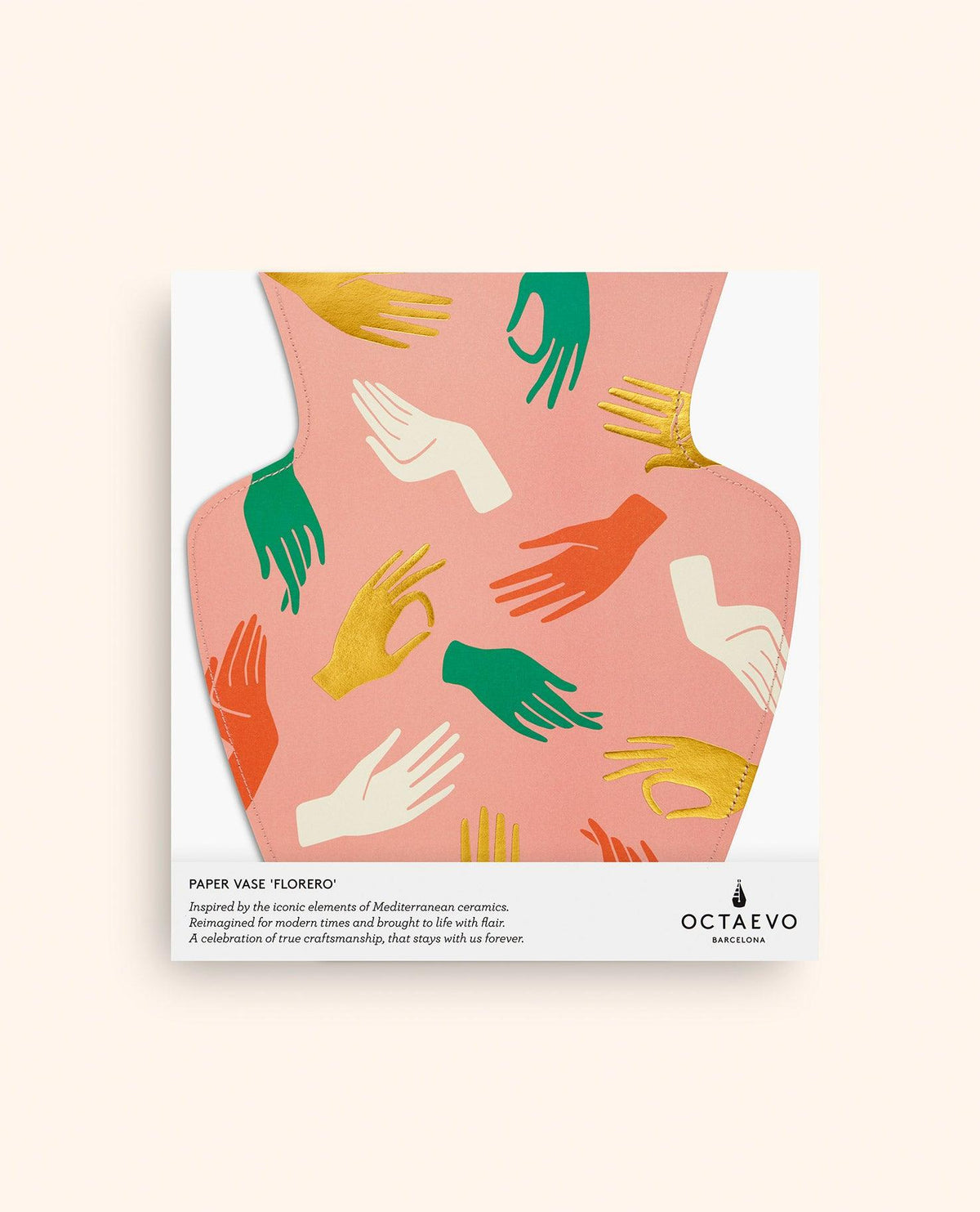 The Hamsa Paper Vase by OCTAEVO features pink paper with colorful hand illustrations in green, orange, yellow, and cream.