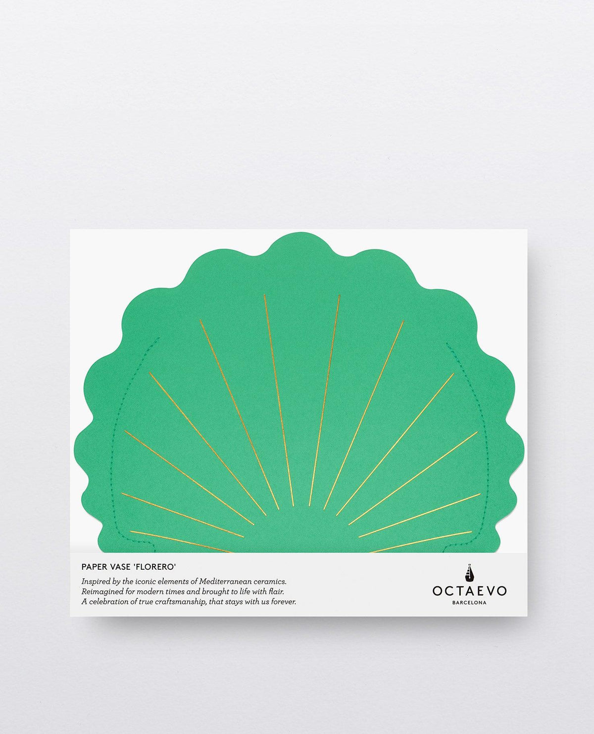 The Hera Paper Vase by OCTAEVO is a green, scallop shell-shaped, water-resistant cover in branded packaging.