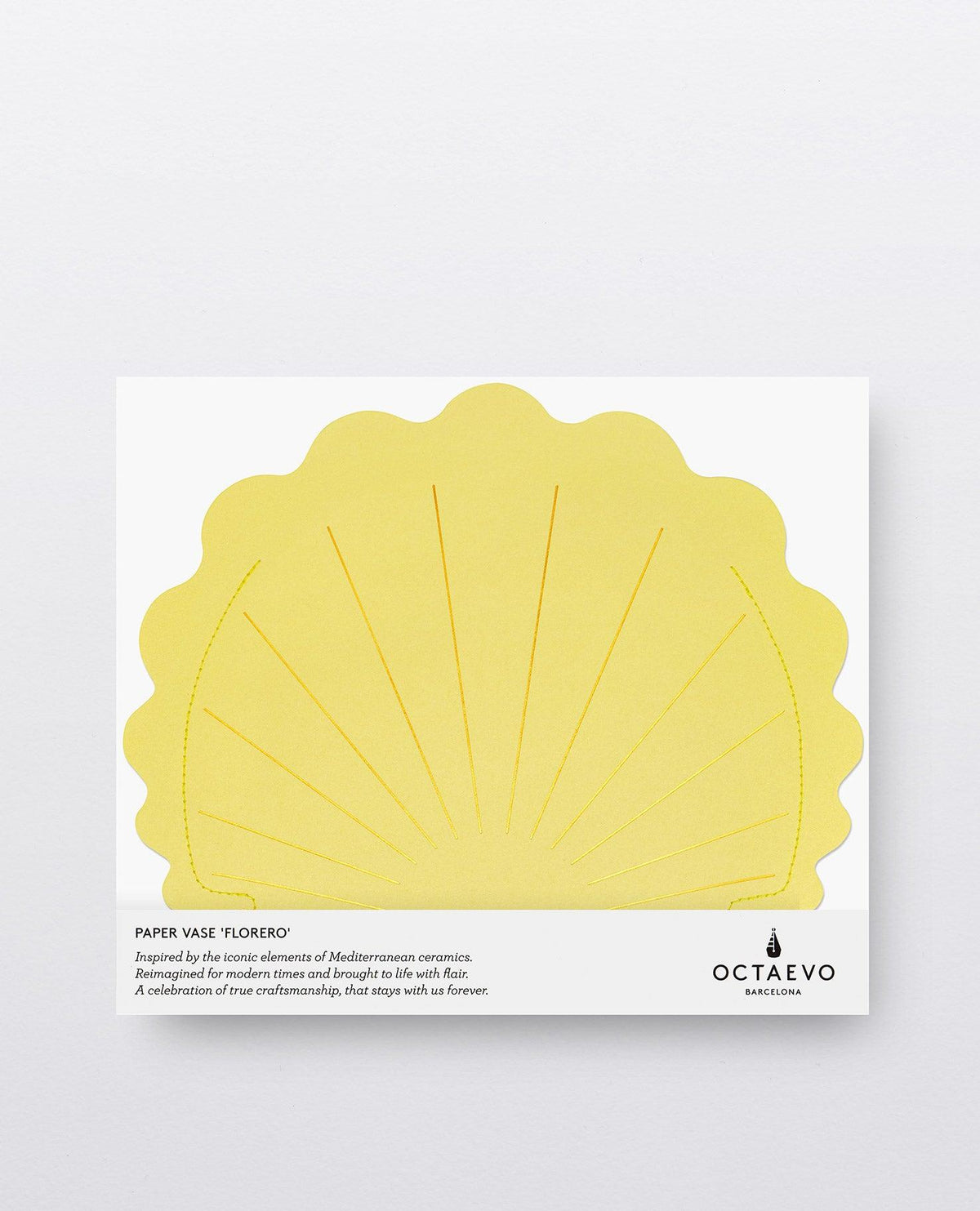 The Hera Paper Vase by OCTAEVO is a yellow, scallop shell-shaped, water-resistant vase displayed on a logo card.
