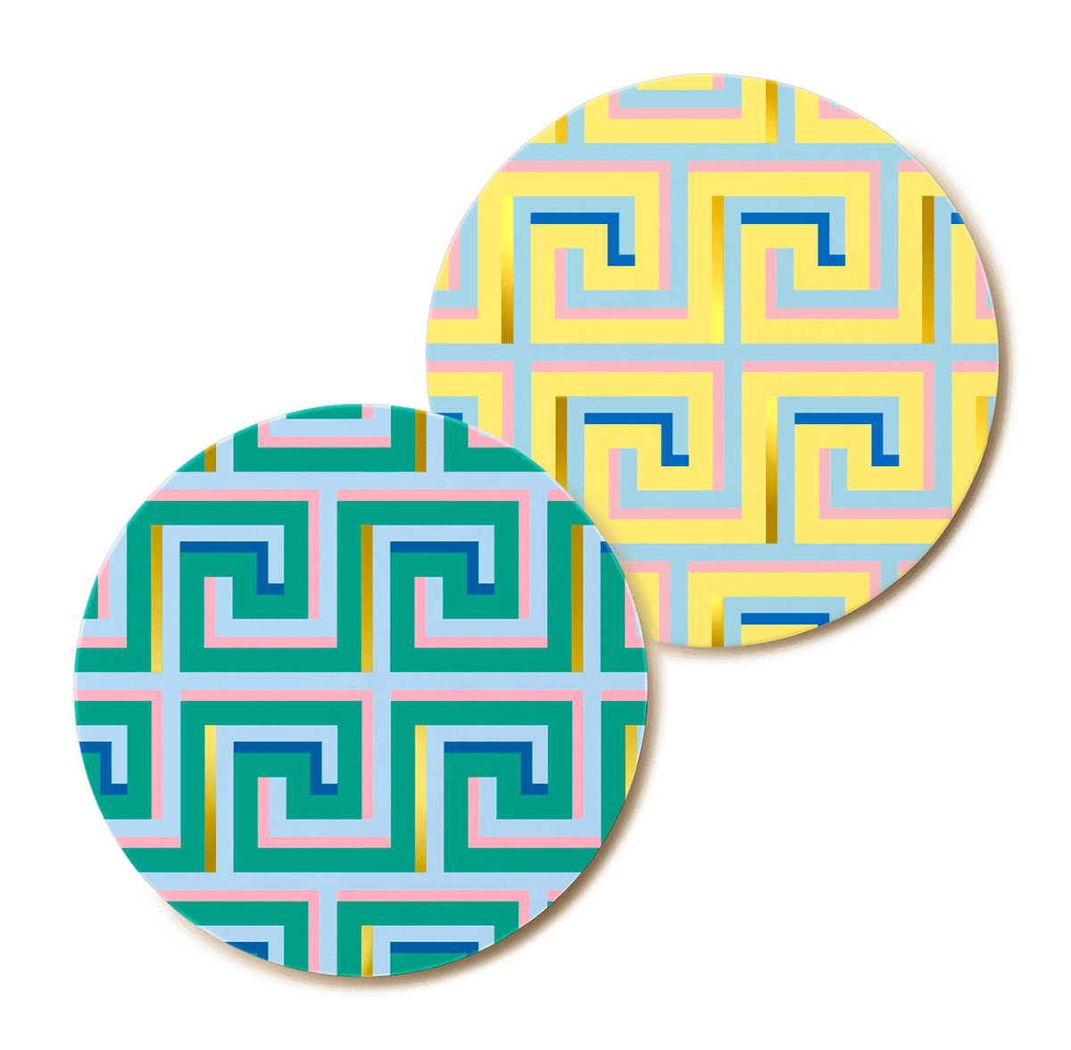 OCTAEVO Icarus Cocktail Coasters feature vibrant circular maze designs with gold foil, making a unique, luxe gift.