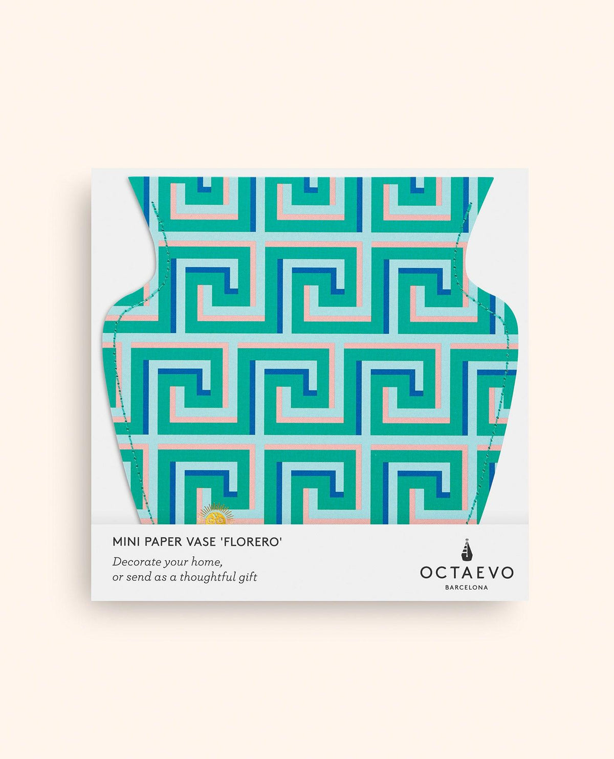 The Icarus Mini Paper Vase by OCTAEVO features a bold green, blue, and gold Greek key—ideal for Mediterranean decor.