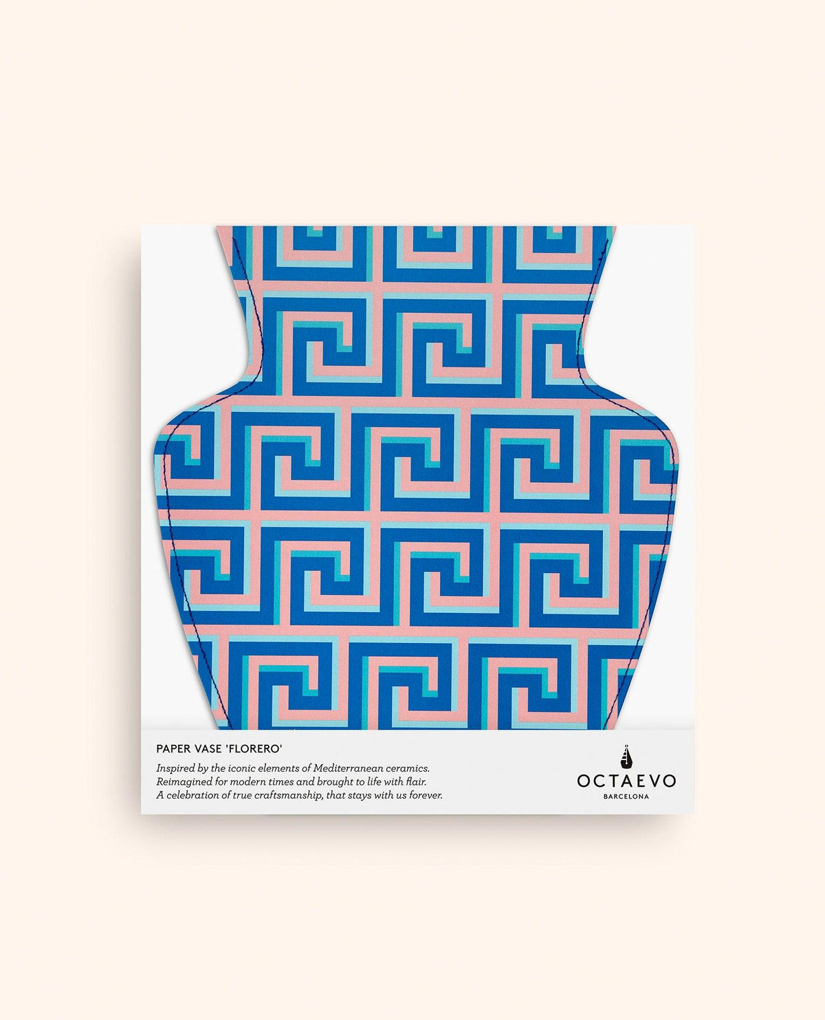 Handcrafted Icarus Paper Vase by OCTAEVO with bold blue and pink Greek key pattern on a light background.