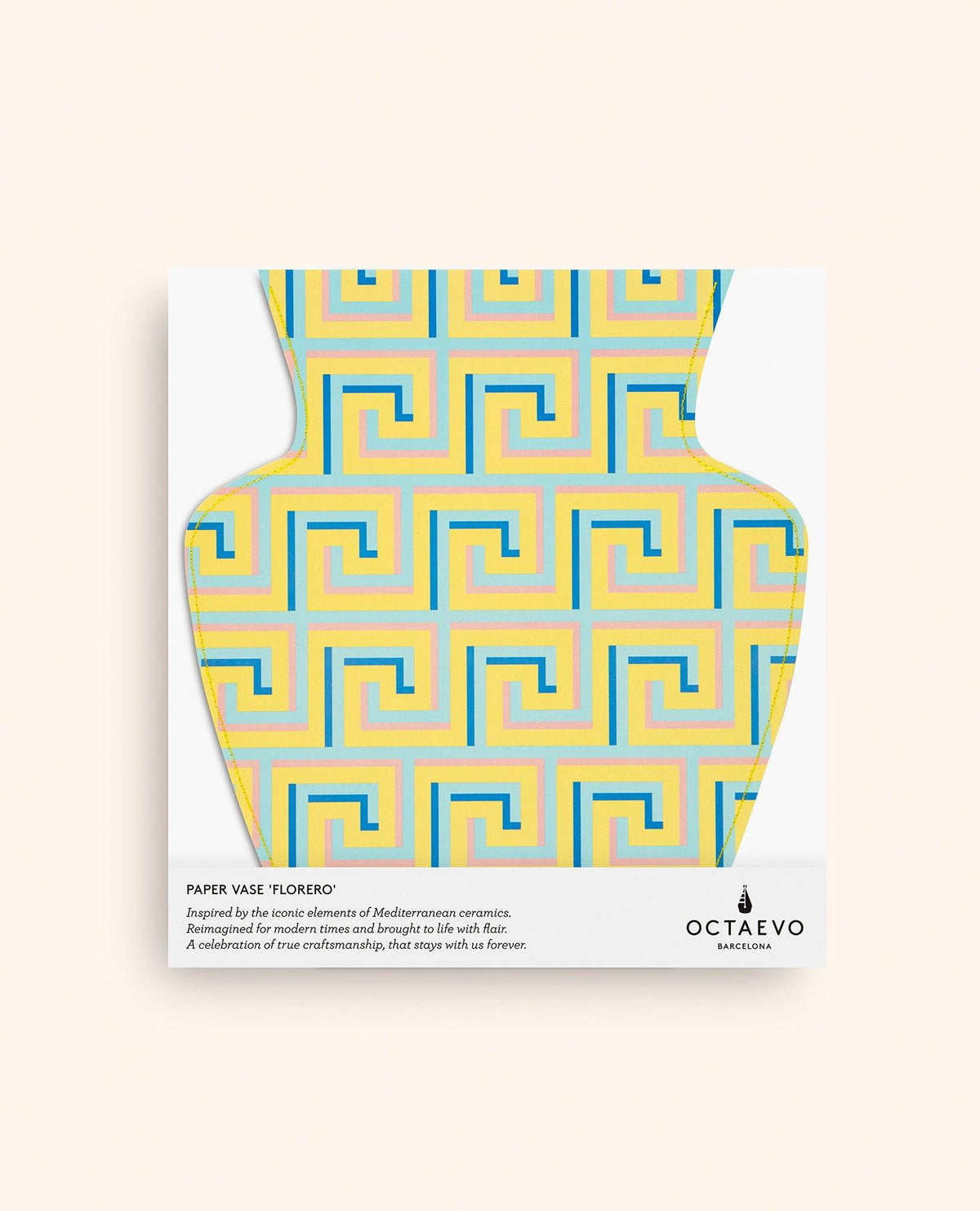 OCTAEVO Icarus Paper Vase with Mediterranean shape and yellow Greek key pattern.
