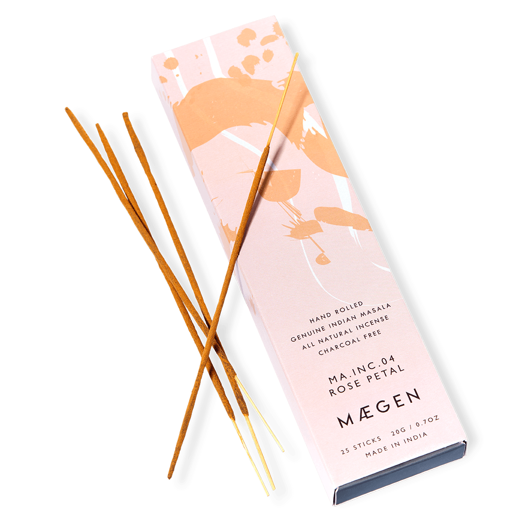 Four Octaevo Incense Sticks Rose Petal beside a pink and white box, featuring charcoal-free incense.