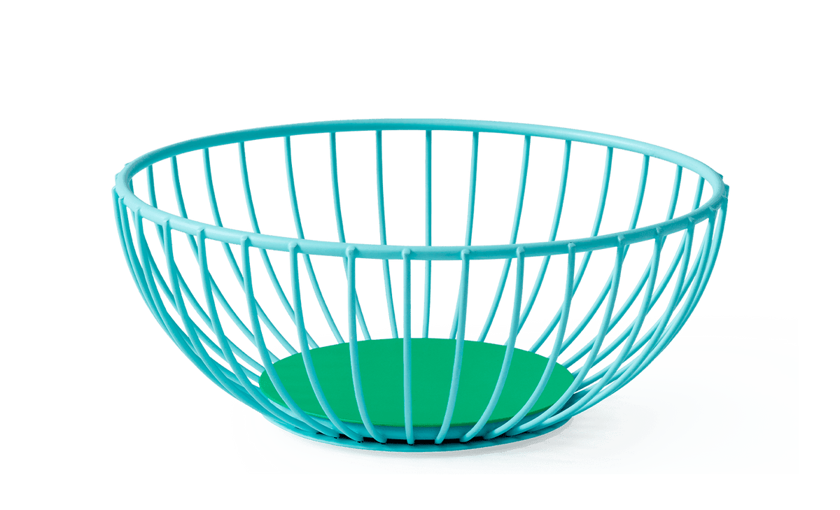 The Iris Wire Basket by OCTAEVO is a round, light blue wire basket—perfect as a sculptural centerpiece.