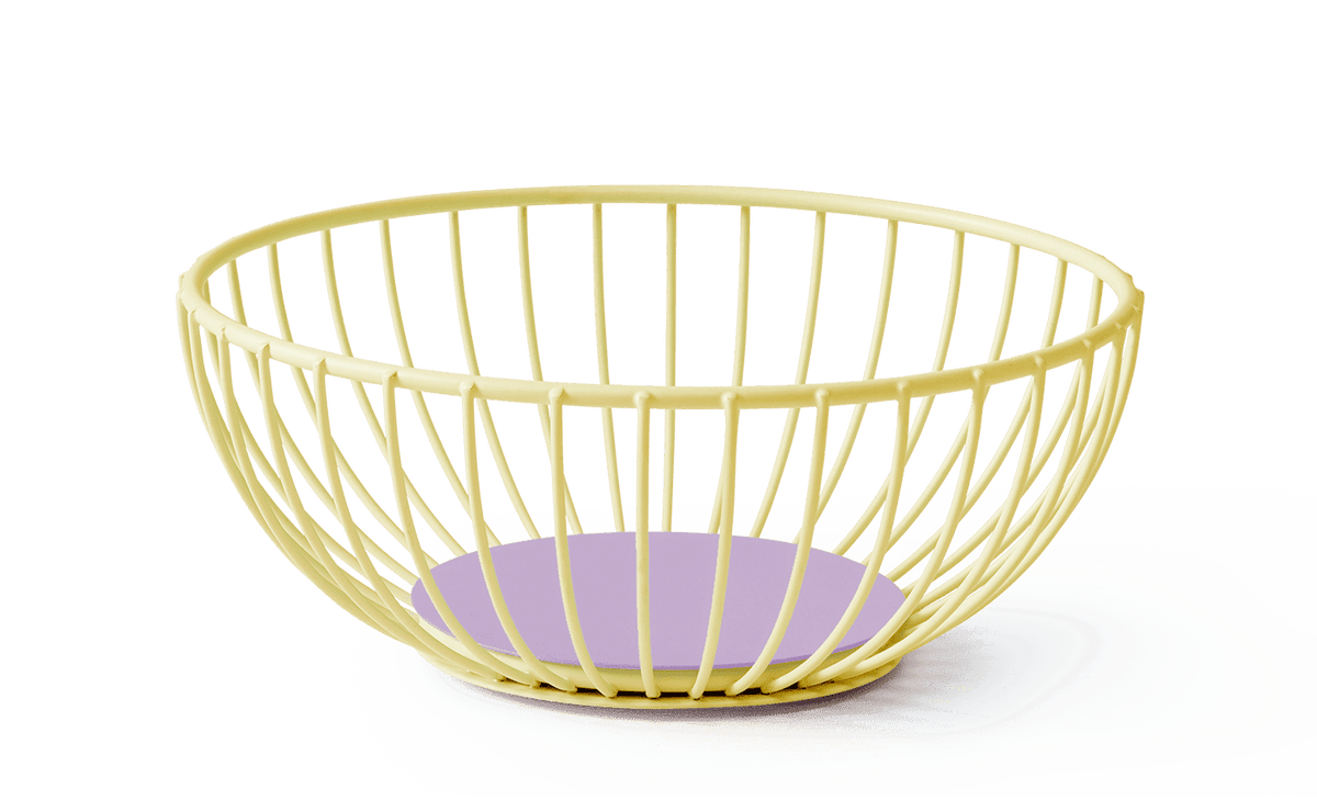 The OCTAEVO Iris Wire Basket features a round yellow design with a lavender base—ideal for modern home decor.