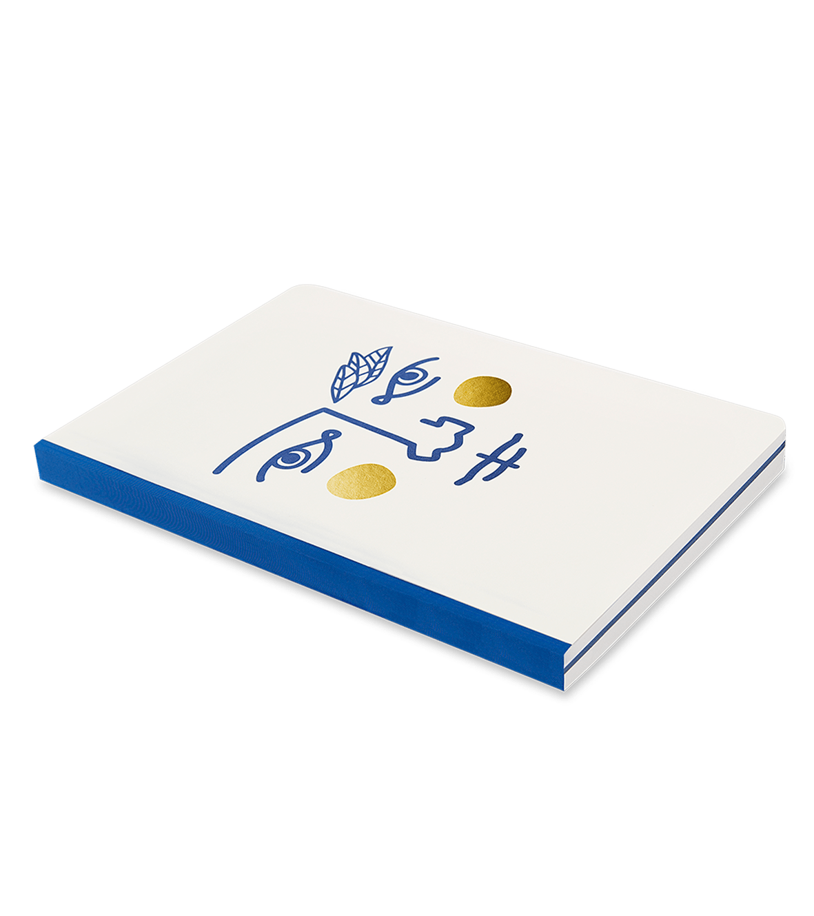 Carnet Janus A5 OCTAEVO : couverture blanche à reliure à plat, dos bleu, motifs de visage abstraits bleus et dorés.