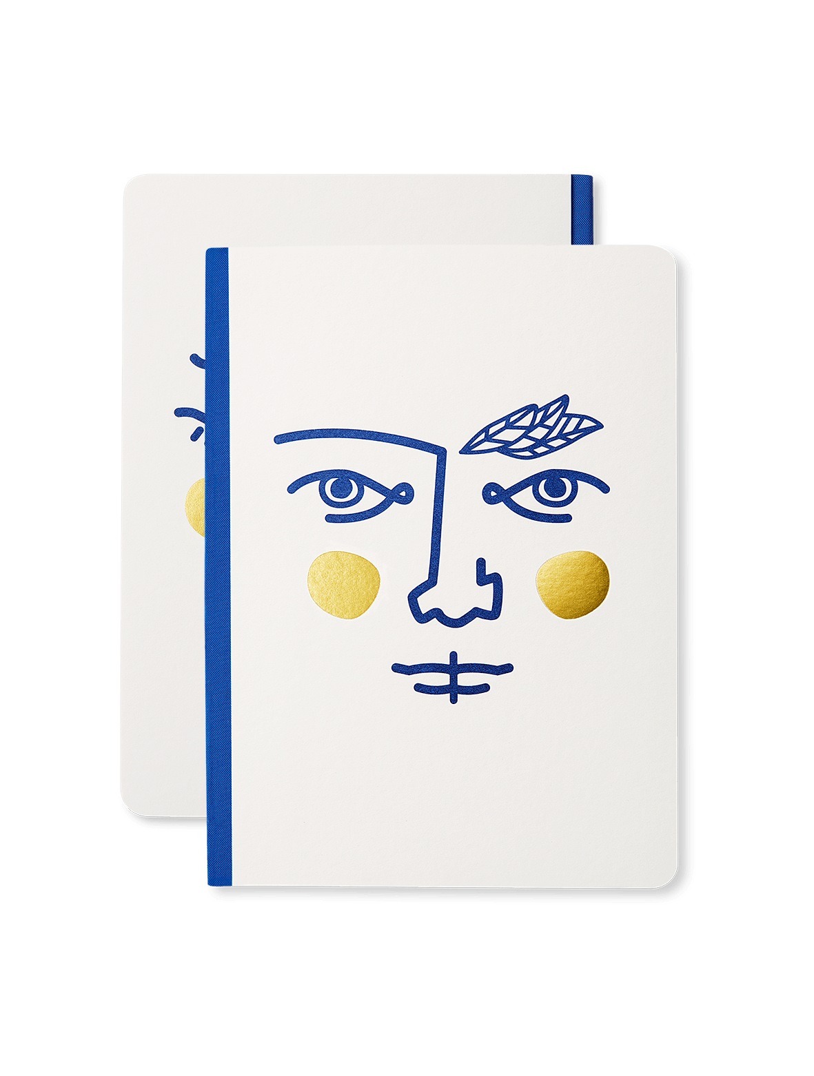 Two Octaevo Janus Notes A6 notebooks with abstract blue & gold faces, stacked askew.