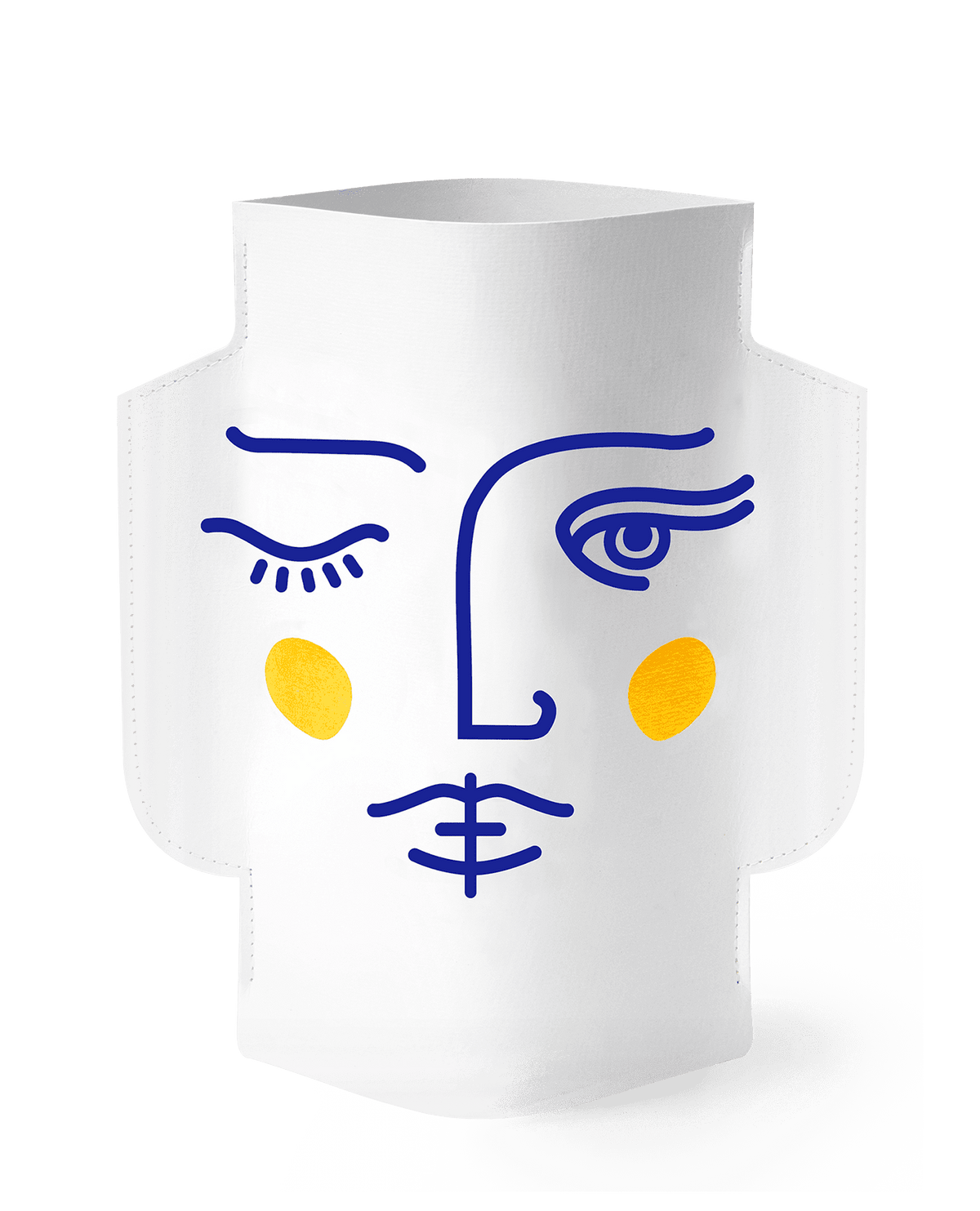 The Janus Paper Vase by OCTAEVO features a white pouch with a minimalist blue face and yellow cheeks.