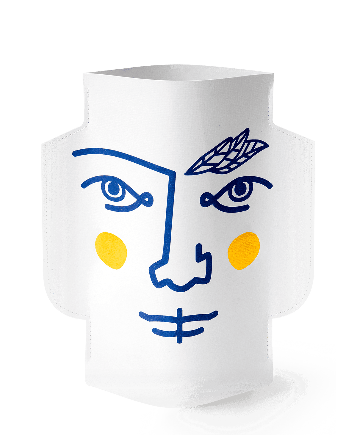 OCTAEVO’s Janus Paper Vase: a white pouch with blue face and yellow cheeks, inspired by Mediterranean artistry.