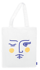 Le tote bag Janus par OCTAEVO : coton biologique blanc avec un visage abstrait minimaliste aux lignes bleues et des joues dorées.