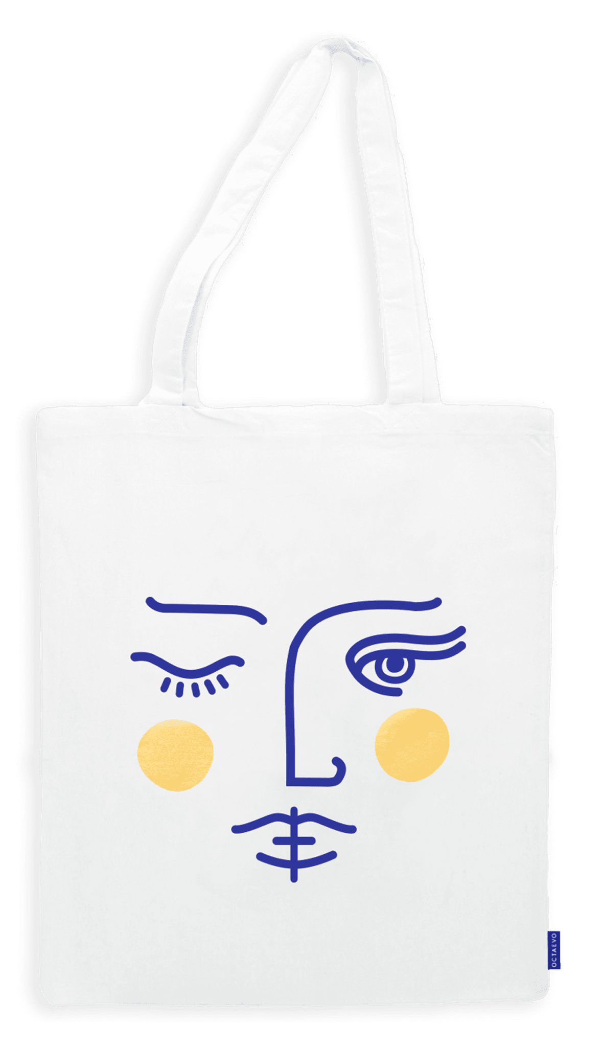 The Janus Tote Bag by OCTAEVO: white organic cotton with a minimalist blue-line abstract face and gold cheeks.