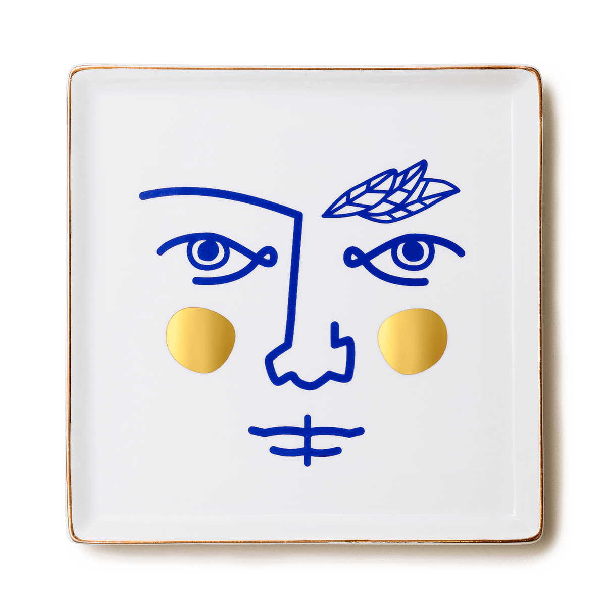 Janus Warrior Ceramic Tray: Square white ceramic tray with a minimalist blue line face, gold circles on the cheeks.