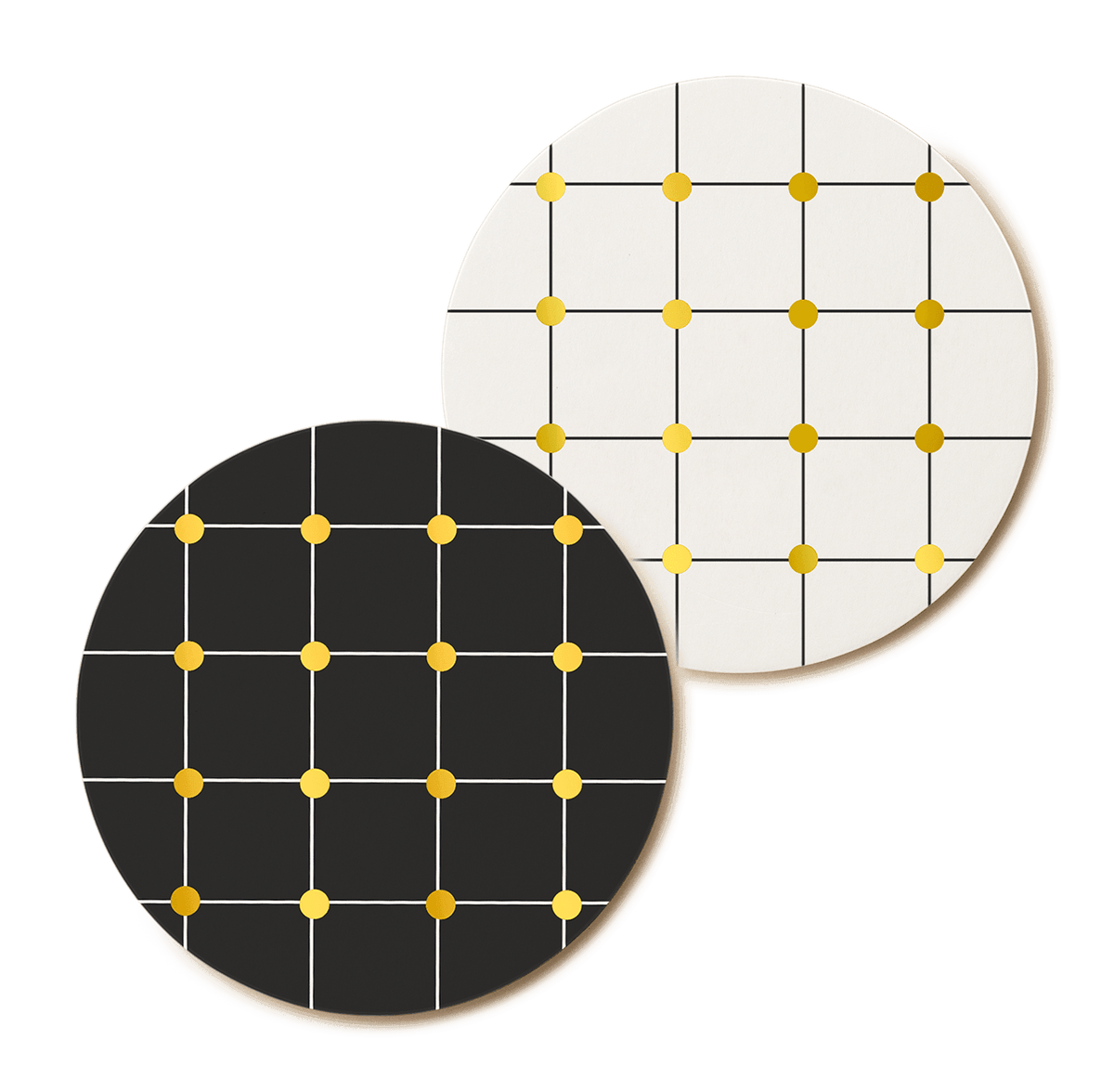 OCTAEVO Lido Cocktail Coasters: set of black & white water resistant paper with gold dots.