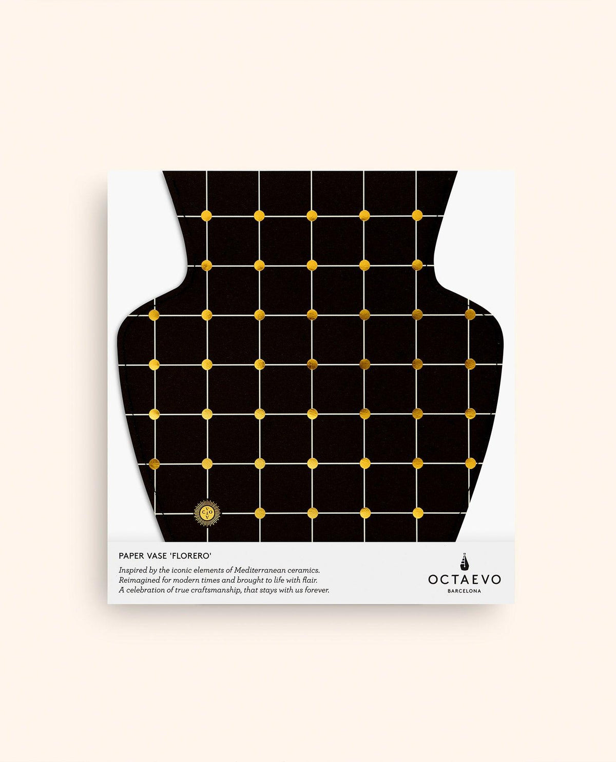 OCTAEVO Lido Paper Vase with yellow grid on black, displayed flat on cream background with product text below.