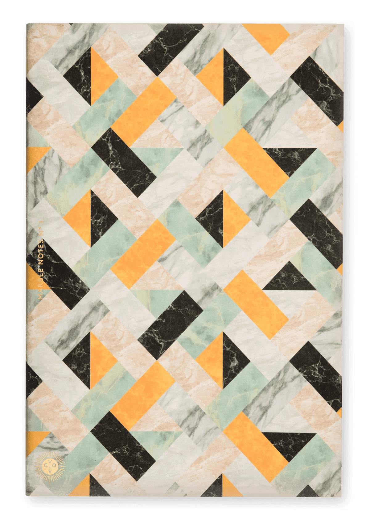 Geometric tile patterned notebook with yellow, black, and beige colors on a white background.