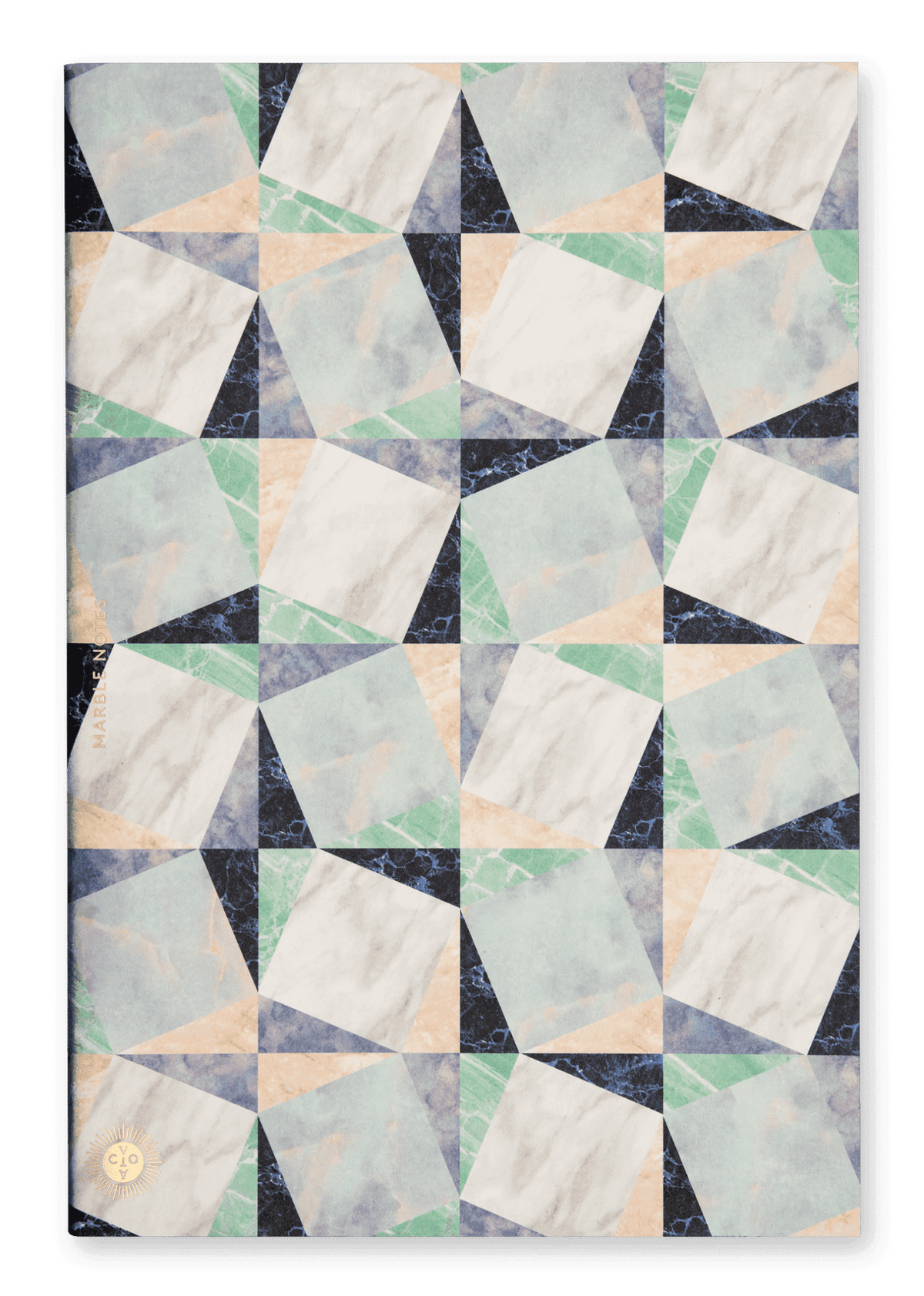 Marble Notes by OCTAEVO features interlocking triangles and squares in blue hues, inspired by Mediterranean marble.