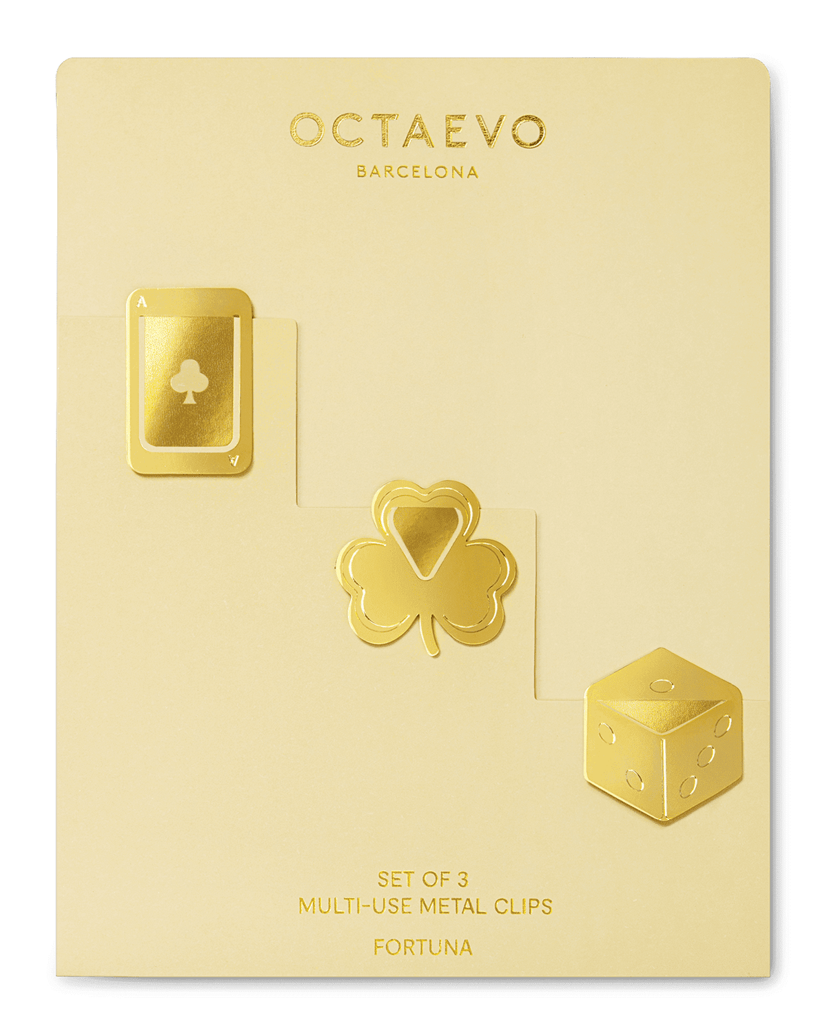OCTAEVO Metal Clips Fortuna: gold clips shaped as card, clover, and die—Mediterranean-inspired accessories.