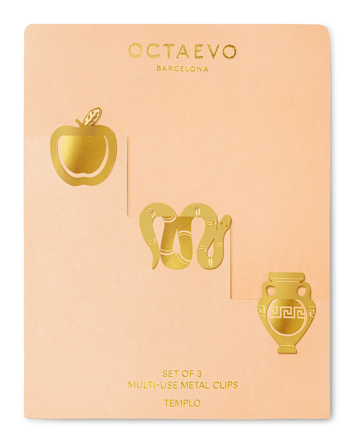 Peach card with Metal Clips Templo: multi-use apple, snake & vase clips by OCTAEVO.