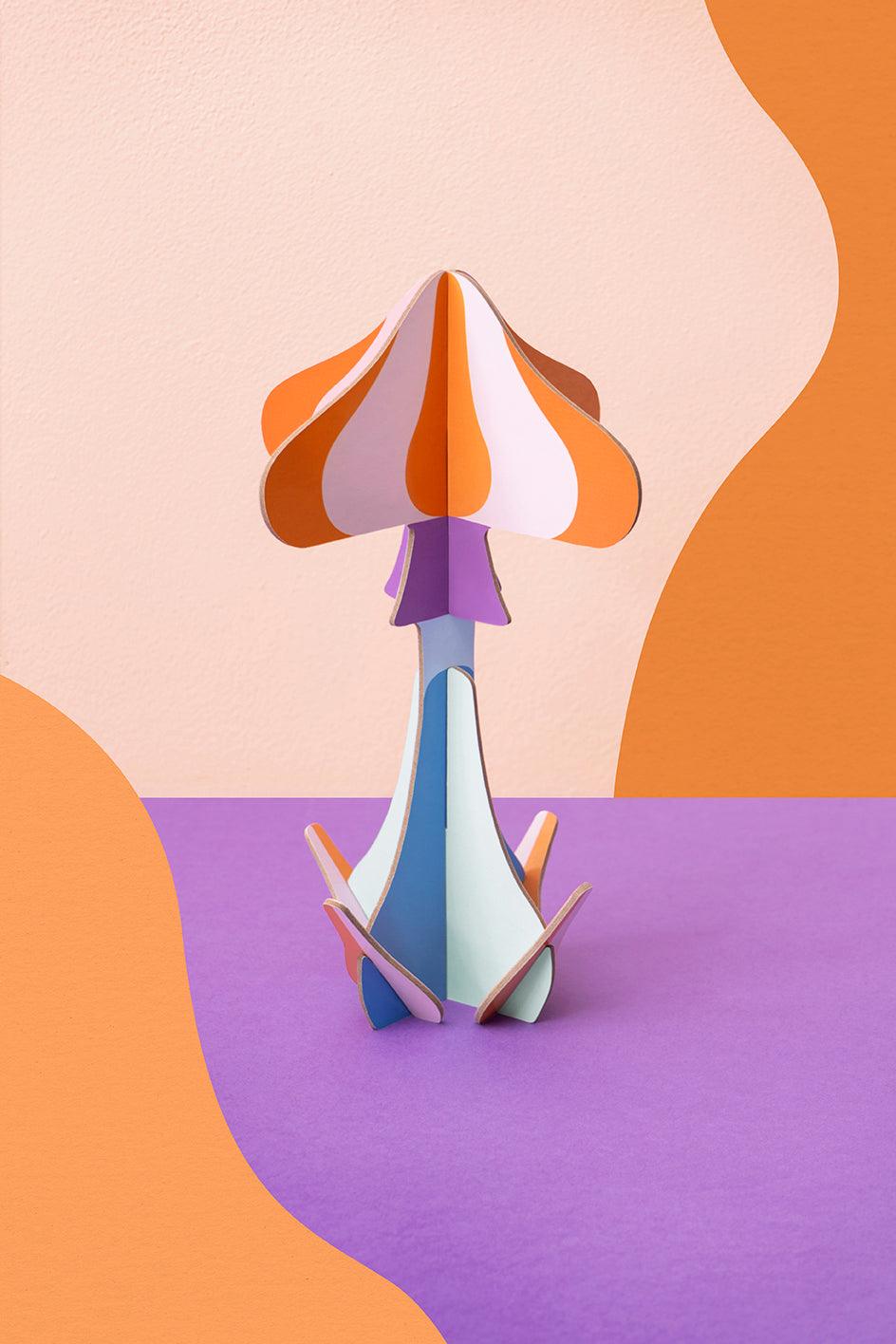 OCTAEVO Mushroom Paper Sculpture — Orange & Blue: a bold, abstract decor made from recycled cardboard.