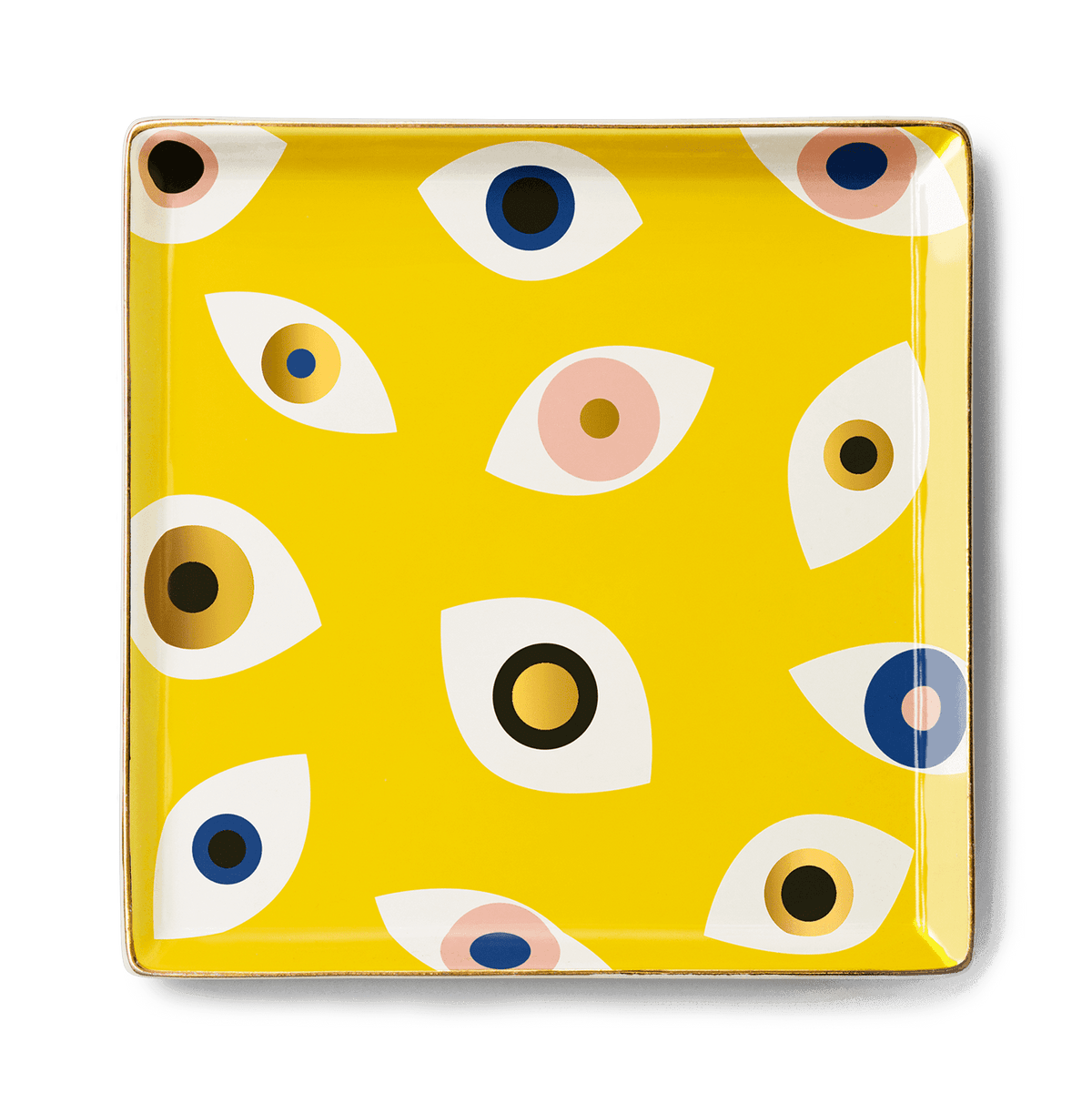 OCTAEVO Nazar Ceramic Tray: a square yellow ceramic tray with stylized eye motifs inspired by the Nazar amulet.