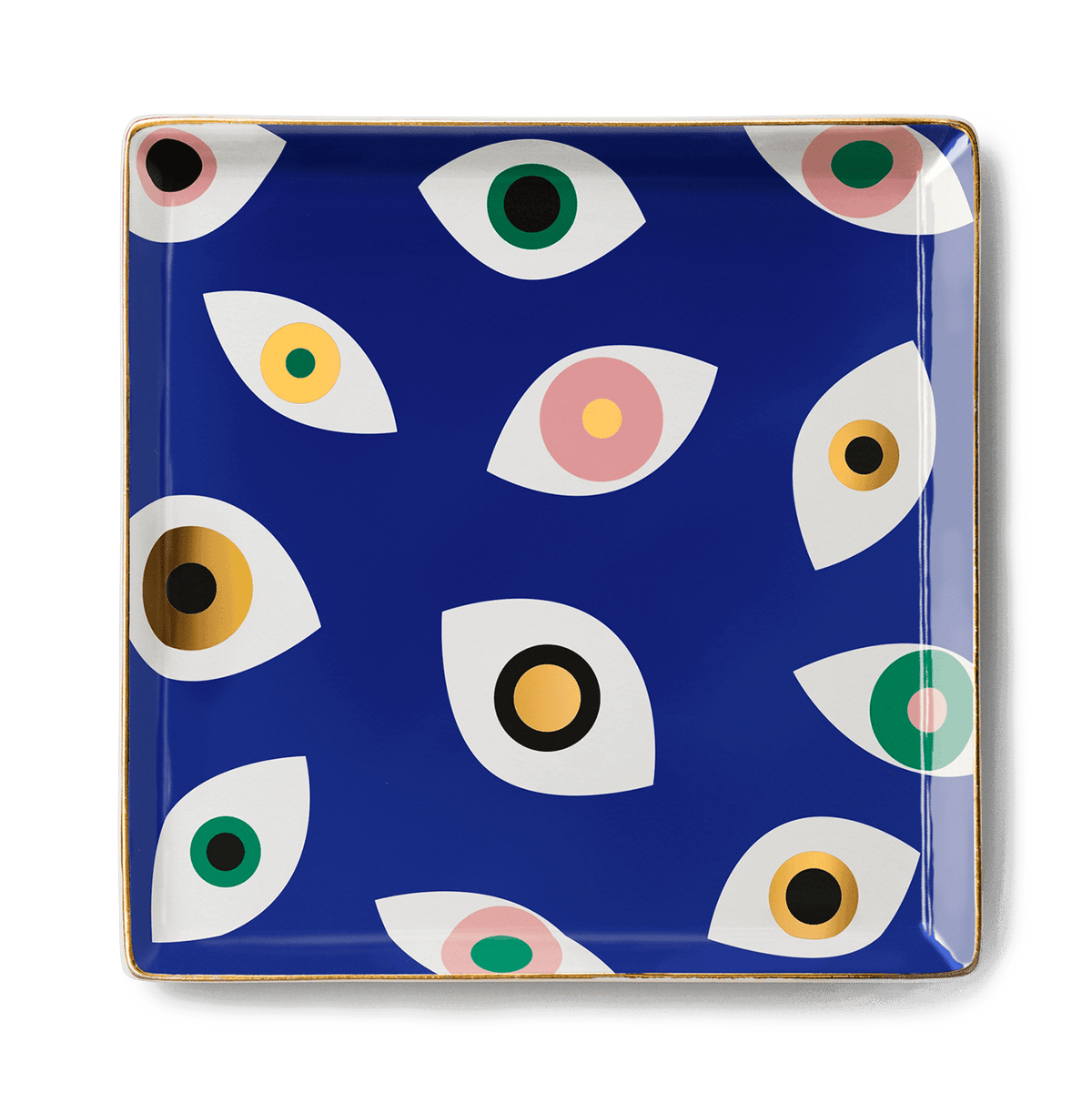 The OCTAEVO Nazar Ceramic Tray features a blue base, gold rim, and colorful stylized nazar eye designs.
